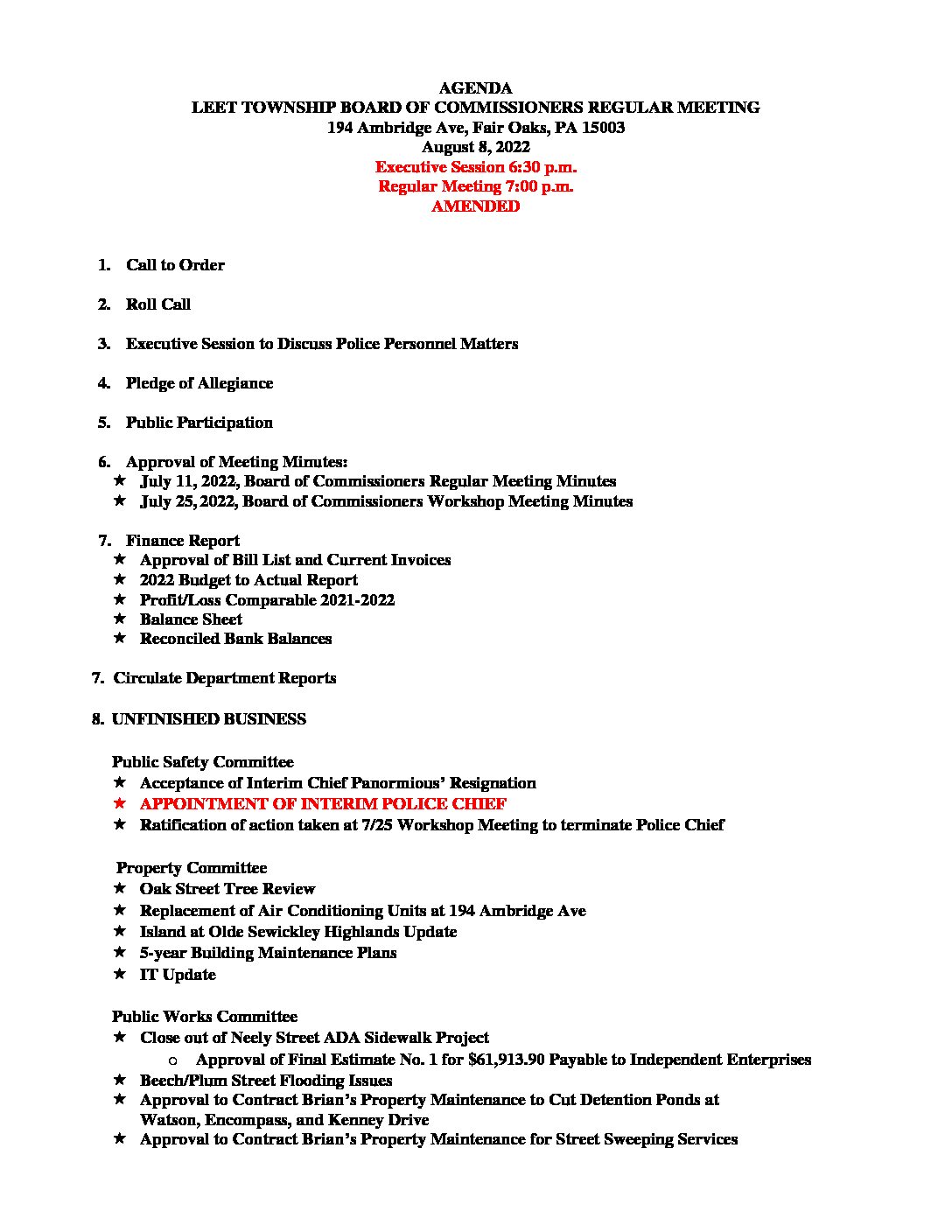 Amended AGENDA August 8, 2022, Board of Commissioners Regular Meeting