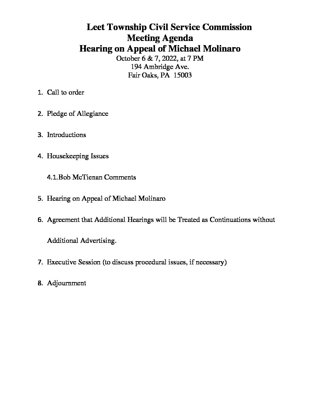 Rev. Agenda for Molinaro Hearings 100622