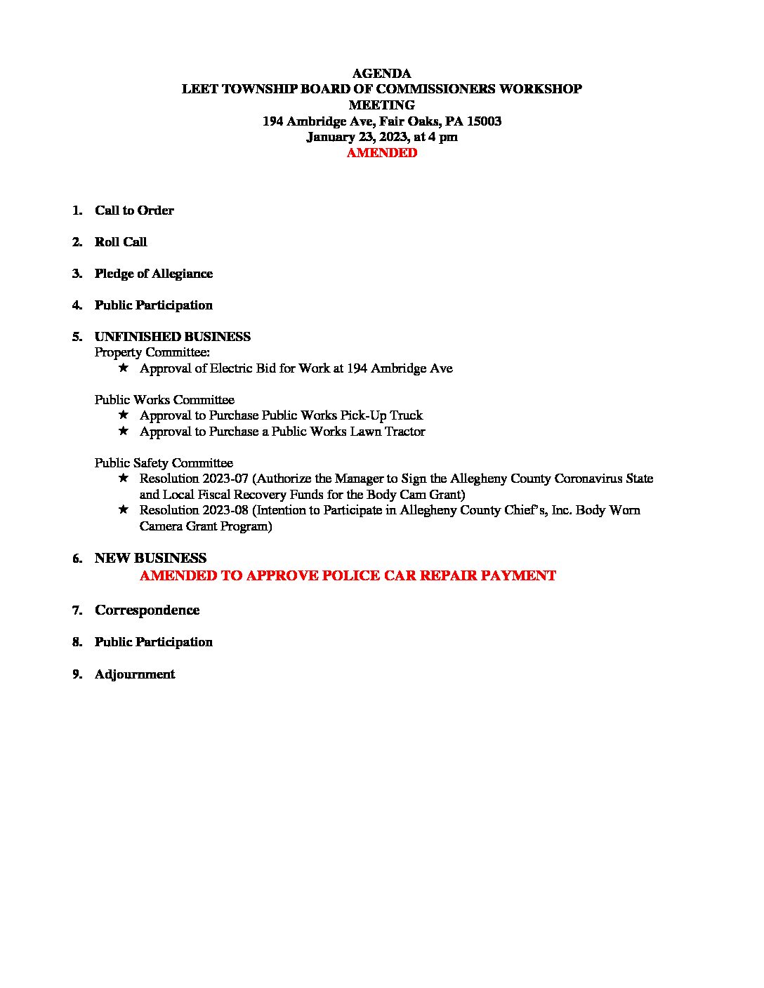 AGENDA January 23, 2023, Workshop Meeting Board of Commissioners